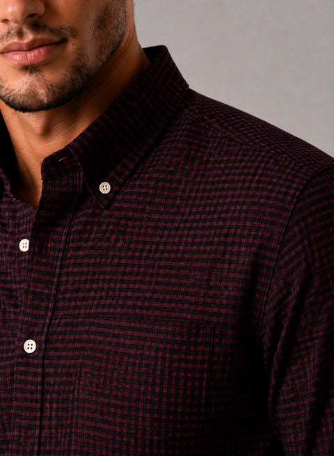 ADRO Men's Burgundy Wine Micro Check Slim Fit Casual Shirt