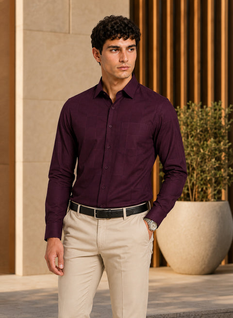 ADRO Men's Textured Windowpane Check Shirt - Burgundy