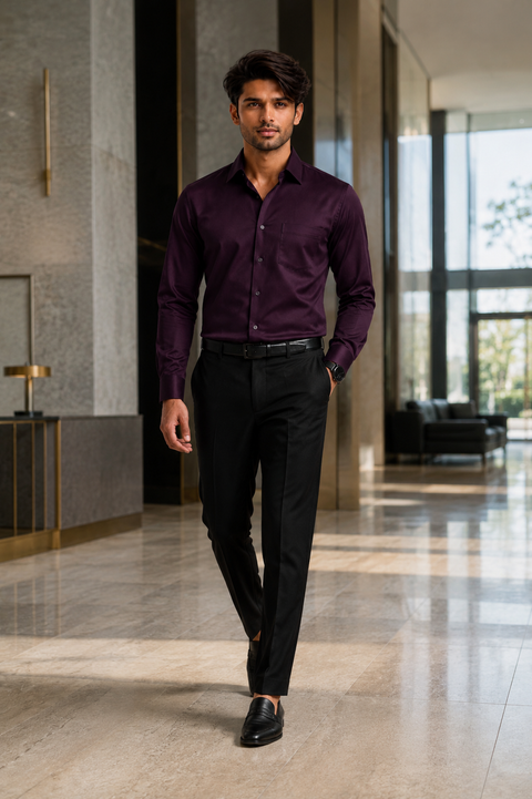 ADRO Premium Cotton Satin Shirt for Men | Casual Fit Solid Full Sleeve Shirt in Burgundy Wine