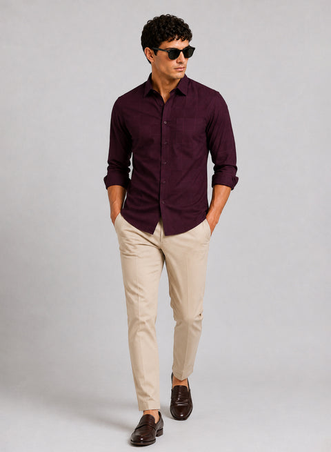 ADRO Men's Textured Windowpane Check Shirt - Burgundy