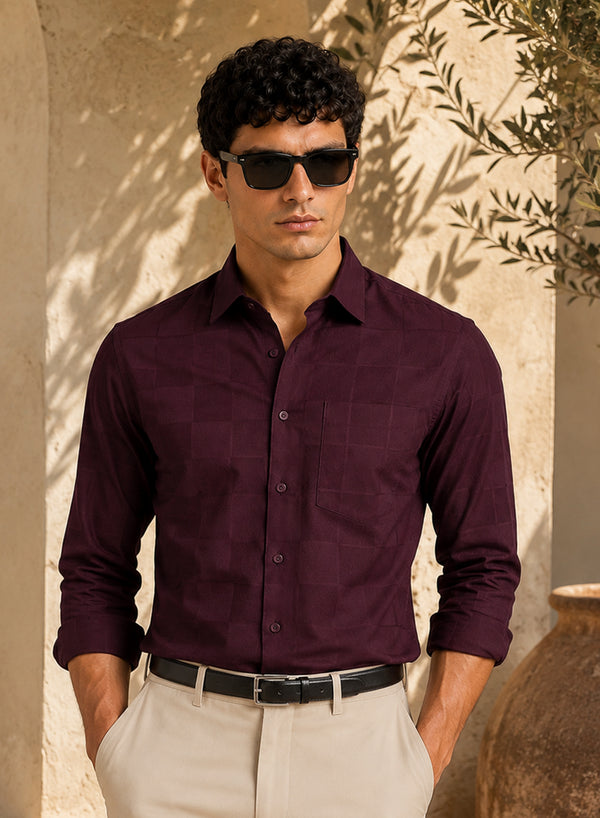 ADRO Men's Textured Windowpane Check Shirt - Burgundy