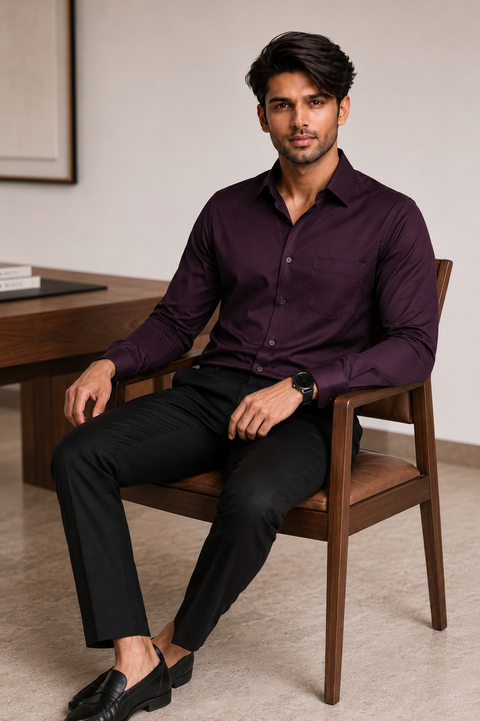 ADRO Premium Cotton Satin Shirt for Men | Casual Fit Solid Full Sleeve Shirt in Burgundy Wine