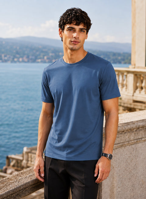 Adro Mercerized Cotton Crew Neck T-Shirt - Harbor Blue