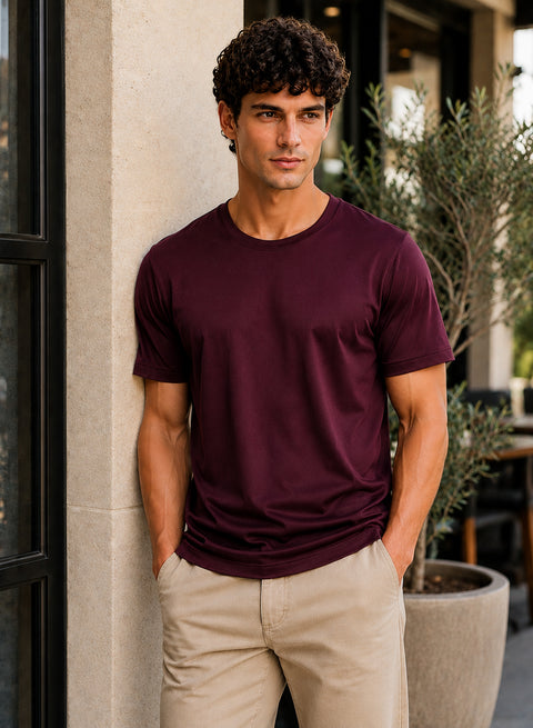 Adro Mercerized Cotton Crew Neck T-Shirt - Bordeaux Wine