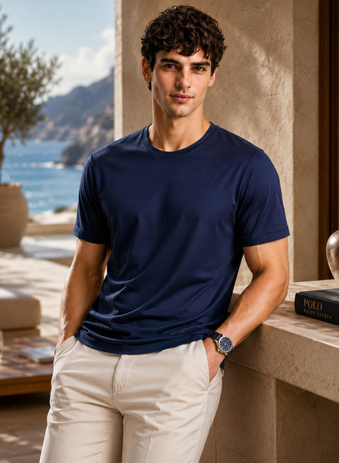 Adro Mercerized Cotton Crew Neck T-Shirt - Deep Navy