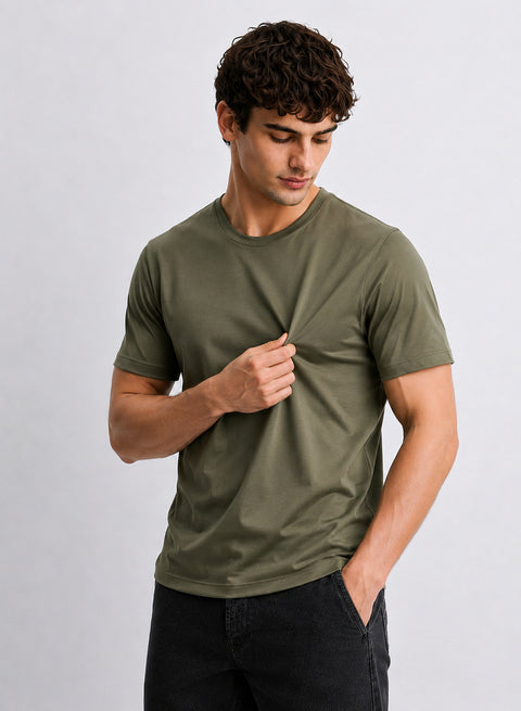 Adro Mercerized Cotton Crew Neck T-Shirt - Military Olive
