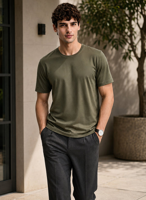 Adro Mercerized Cotton Crew Neck T-Shirt - Military Olive