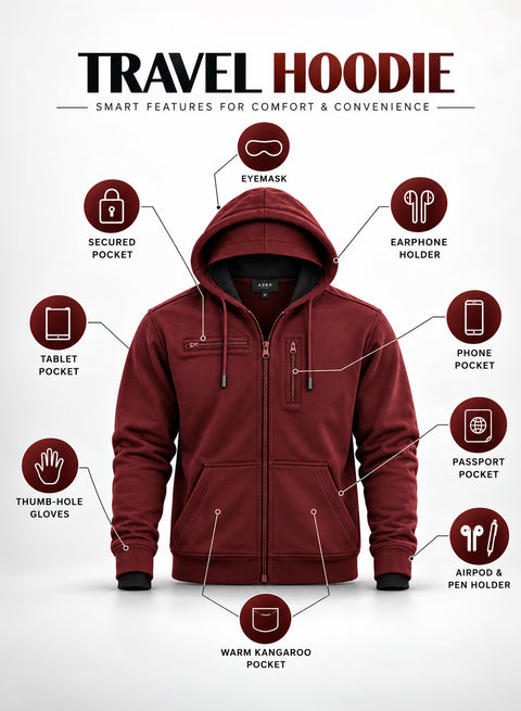 Adro Travel Hoodie for Men | Mens Multi Utility Zipper Hoodies| 320 GSM Soft Cotton |Men's Winter Sweatshirt | Waterproof Pockets Zip-Up Jacket with Hood Eye Shade | Maroon