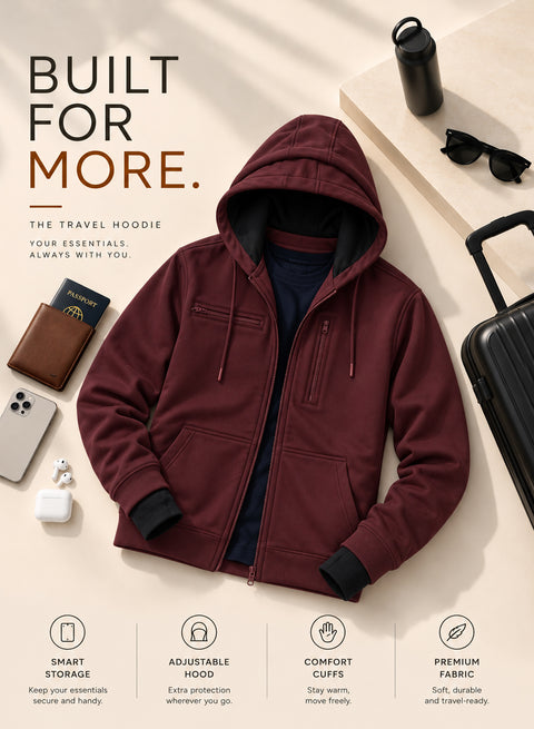 Adro Travel Hoodie for Men | Mens Multi Utility Zipper Hoodies| 320 GSM Soft Cotton |Men's Winter Sweatshirt | Waterproof Pockets Zip-Up Jacket with Hood Eye Shade | Maroon