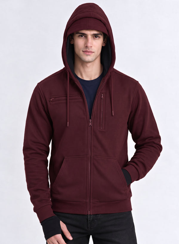 Adro Travel Hoodie for Men | Mens Multi Utility Zipper Hoodies| 320 GSM Soft Cotton |Men's Winter Sweatshirt | Waterproof Pockets Zip-Up Jacket with Hood Eye Shade | Maroon