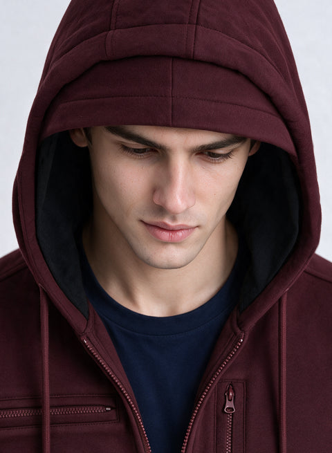 Adro Travel Hoodie for Men | Mens Multi Utility Zipper Hoodies| 320 GSM Soft Cotton |Men's Winter Sweatshirt | Waterproof Pockets Zip-Up Jacket with Hood Eye Shade | Maroon