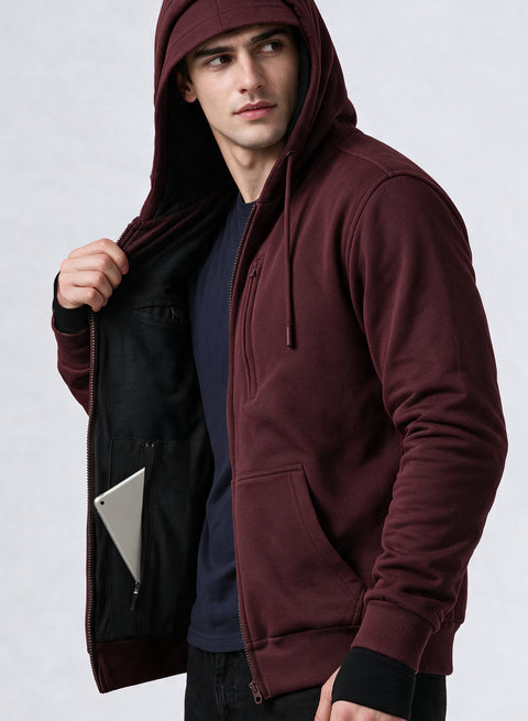 Adro Travel Hoodie for Men | Mens Multi Utility Zipper Hoodies| 320 GSM Soft Cotton |Men's Winter Sweatshirt | Waterproof Pockets Zip-Up Jacket with Hood Eye Shade | Maroon
