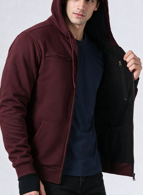 Adro Travel Hoodie for Men | Mens Multi Utility Zipper Hoodies| 320 GSM Soft Cotton |Men's Winter Sweatshirt | Waterproof Pockets Zip-Up Jacket with Hood Eye Shade | Maroon