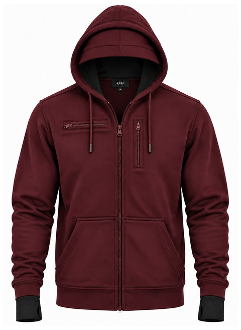 Adro Travel Hoodie for Men | Mens Multi Utility Zipper Hoodies| 320 GSM Soft Cotton |Men's Winter Sweatshirt | Waterproof Pockets Zip-Up Jacket with Hood Eye Shade | Maroon