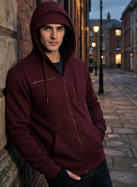 Adro Travel Hoodie for Men | Mens Multi Utility Zipper Hoodies| 320 GSM Soft Cotton |Men's Winter Sweatshirt | Waterproof Pockets Zip-Up Jacket with Hood Eye Shade | Maroon