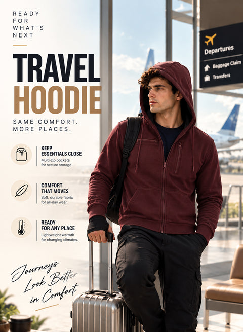 Adro Travel Hoodie for Men | Mens Multi Utility Zipper Hoodies| 320 GSM Soft Cotton |Men's Winter Sweatshirt | Waterproof Pockets Zip-Up Jacket with Hood Eye Shade | Maroon