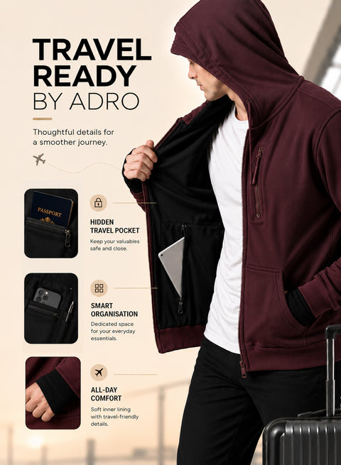 Adro Travel Hoodie for Men | Mens Multi Utility Zipper Hoodies| 320 GSM Soft Cotton |Men's Winter Sweatshirt | Waterproof Pockets Zip-Up Jacket with Hood Eye Shade | Maroon