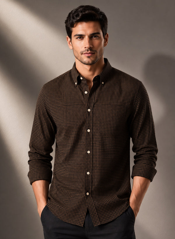 ADRO Men's Brown Micro Check Slim Fit Casual Shirt
