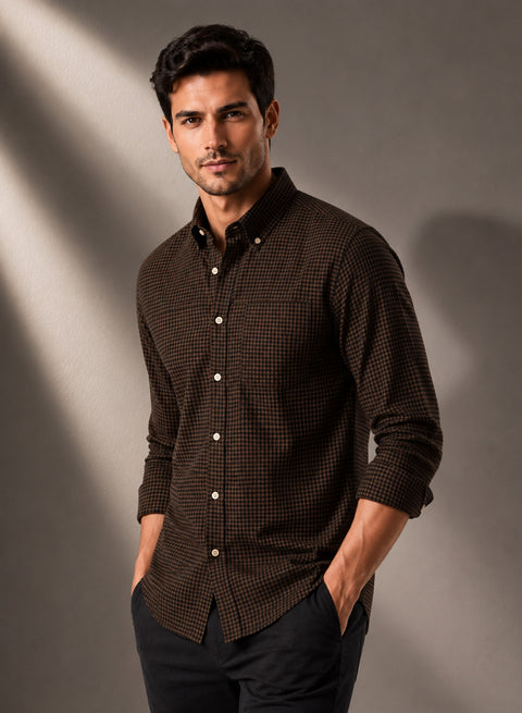 ADRO Men's Brown Micro Check Slim Fit Casual Shirt
