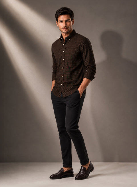 ADRO Men's Brown Micro Check Slim Fit Casual Shirt