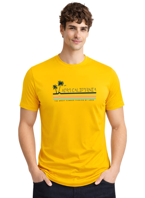 Adro Mens California Graphic T-Shirt | Retro Stripe Print Cotton Summer Tshirt | Stylish Beach T shirt | Comfortable Graphic Tee Mustard