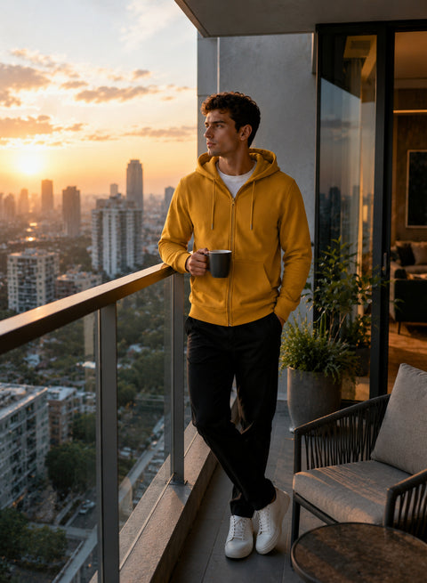 ADRO Zipper Hoodie for Men | 300 GSM Cotton Hoodies | Regular Fit Jacket for Men with Pockets | Sweatshirts with Zipper for Men | Golden Mustard