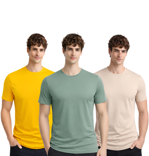 Men’s Cotton T-Shirt Combo Pack of 3 | Regular Fit | ADRO Basics Mustard, Pista, Beige