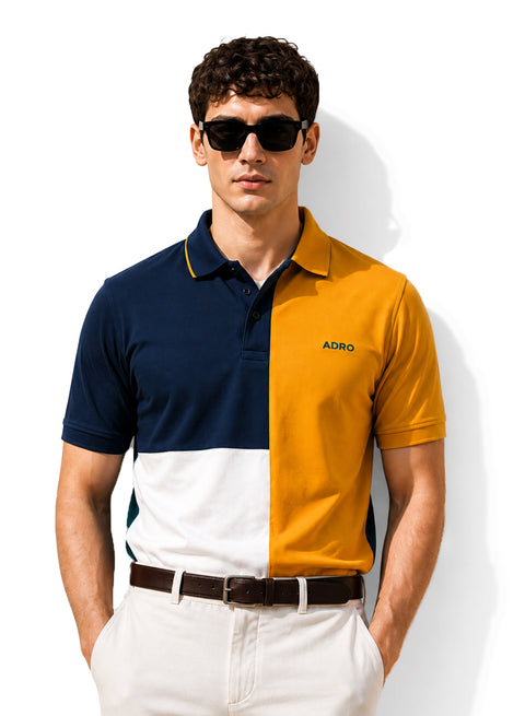 Adro Multicolour Polo T Shirt | 100% Cotton Mens Polo Tshirt | Regular Fit Half Sleeve Cut & Sew Polo T-shirt for men  | Sunburst Tealblock