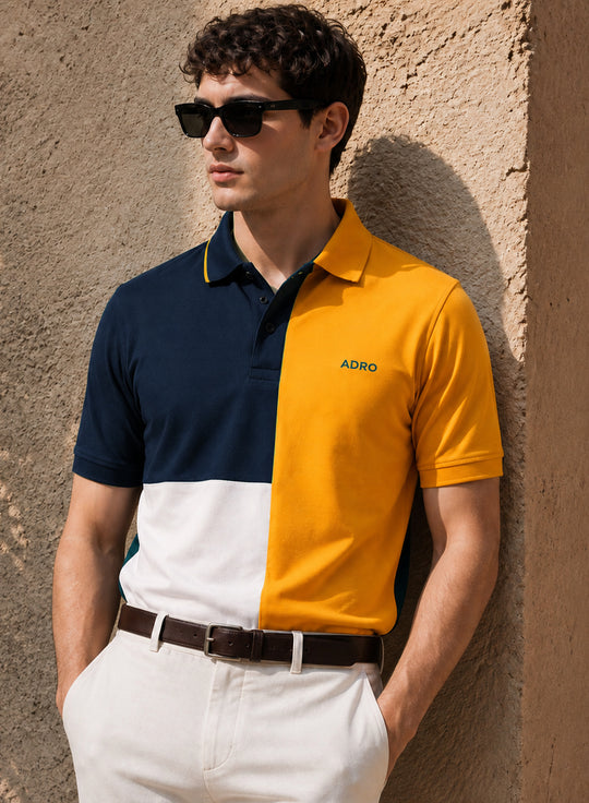 Adro Multicolour Polo T Shirt | 100% Cotton Mens Polo Tshirt | Regular Fit Half Sleeve Cut & Sew Polo T-shirt for men  | Sunburst Tealblock