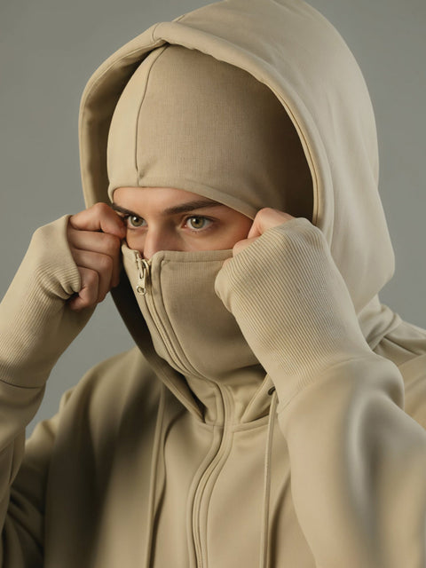 Adro Men Balaclava Hoodies | 320 GSM Soft Cotton Zipper Hoodie | Thumb-Hole Cuff Gloves | Travel Jacket with Hood | Winter Sweatshirt