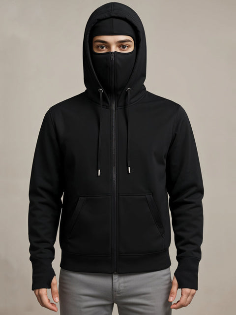 Adro Men Balaclava Hoodies | 320 GSM Soft Cotton Zipper Hoodie | Thumb-Hole Cuff Gloves | Travel Jacket with Hood | Winter Sweatshirt
