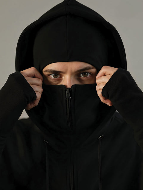 Adro Men Balaclava Hoodies | 320 GSM Soft Cotton Zipper Hoodie | Thumb-Hole Cuff Gloves | Travel Jacket with Hood | Winter Sweatshirt
