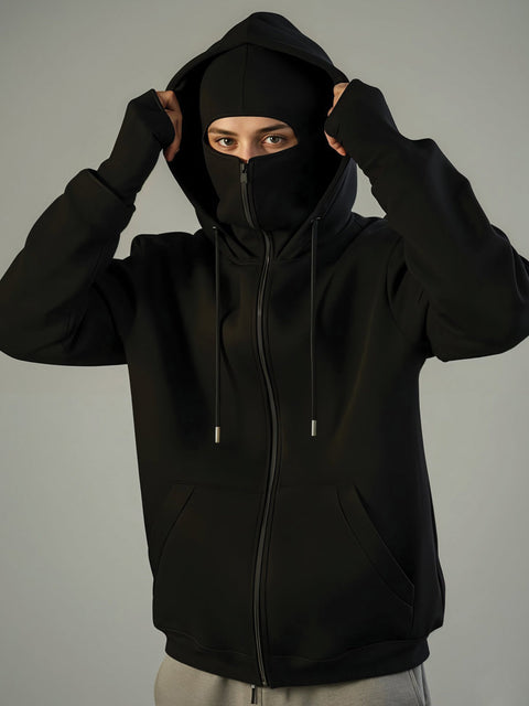 Adro Men Balaclava Hoodies | 320 GSM Soft Cotton Zipper Hoodie | Thumb-Hole Cuff Gloves | Travel Jacket with Hood | Winter Sweatshirt