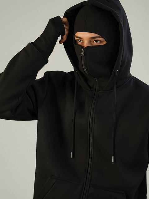 Adro Men Balaclava Hoodies | 320 GSM Soft Cotton Zipper Hoodie | Thumb-Hole Cuff Gloves | Travel Jacket with Hood | Winter Sweatshirt