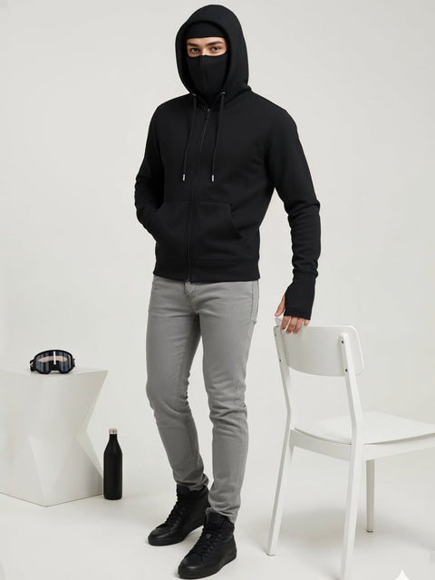 Adro Men Balaclava Hoodies | 320 GSM Soft Cotton Zipper Hoodie | Thumb-Hole Cuff Gloves | Travel Jacket with Hood | Winter Sweatshirt