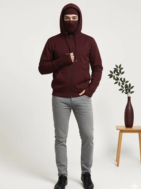 Adro Men Balaclava Hoodies | 320 GSM Soft Cotton Zipper Hoodie | Thumb-Hole Cuff Gloves | Travel Jacket with Hood | Winter Sweatshirt