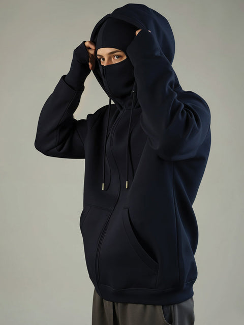 Adro Men Balaclava Hoodies | 320 GSM Soft Cotton Zipper Hoodie | Thumb-Hole Cuff Gloves | Travel Jacket with Hood | Winter Sweatshirt