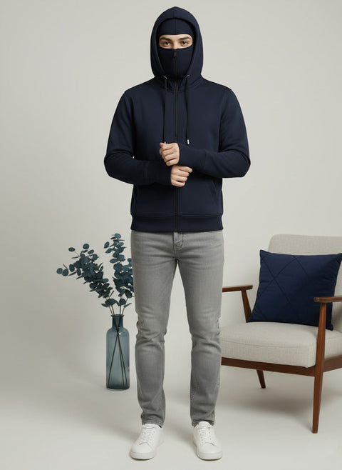 Adro Men Balaclava Hoodies | 320 GSM Soft Cotton Zipper Hoodie | Thumb-Hole Cuff Gloves | Travel Jacket with Hood | Winter Sweatshirt