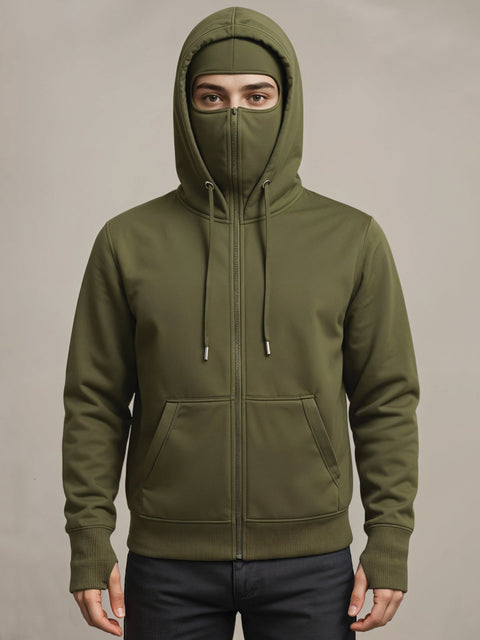 Adro Men Balaclava Hoodies | 320 GSM Soft Cotton Zipper Hoodie | Thumb-Hole Cuff Gloves | Travel Jacket with Hood | Winter Sweatshirt
