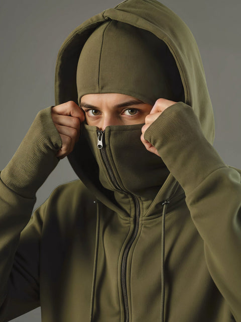Adro Men Balaclava Hoodies | 320 GSM Soft Cotton Zipper Hoodie | Thumb-Hole Cuff Gloves | Travel Jacket with Hood | Winter Sweatshirt