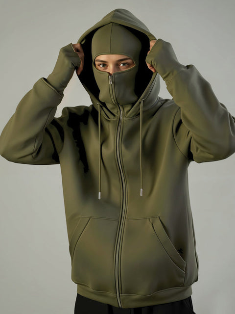 Adro Men Balaclava Hoodies | 320 GSM Soft Cotton Zipper Hoodie | Thumb-Hole Cuff Gloves | Travel Jacket with Hood | Winter Sweatshirt