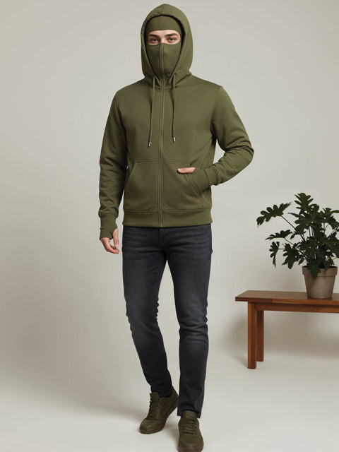 Adro Men Balaclava Hoodies | 320 GSM Soft Cotton Zipper Hoodie | Thumb-Hole Cuff Gloves | Travel Jacket with Hood | Winter Sweatshirt