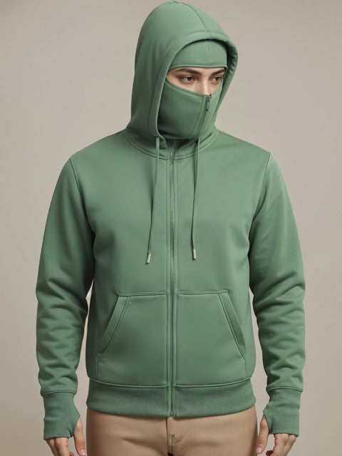 Adro Men Balaclava Hoodies | 320 GSM Soft Cotton Zipper Hoodie | Thumb-Hole Cuff Gloves | Travel Jacket with Hood | Winter Sweatshirt
