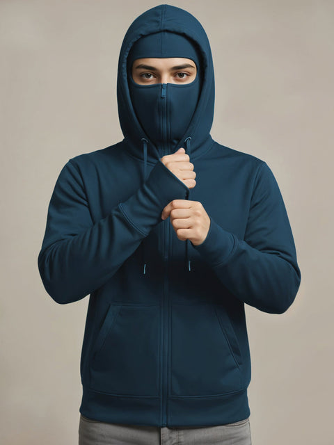 Adro Men Balaclava Hoodies | 320 GSM Soft Cotton Zipper Hoodie | Thumb-Hole Cuff Gloves | Travel Jacket with Hood | Winter Sweatshirt