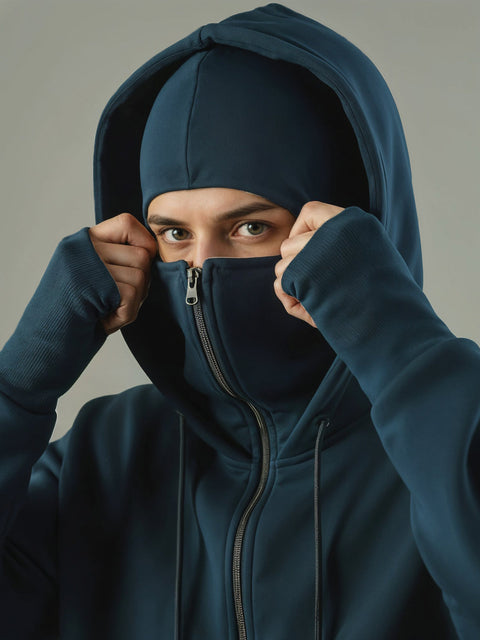Adro Men Balaclava Hoodies | 320 GSM Soft Cotton Zipper Hoodie | Thumb-Hole Cuff Gloves | Travel Jacket with Hood | Winter Sweatshirt