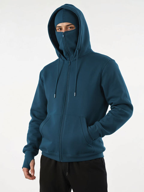 Adro Men Balaclava Hoodies | 320 GSM Soft Cotton Zipper Hoodie | Thumb-Hole Cuff Gloves | Travel Jacket with Hood | Winter Sweatshirt