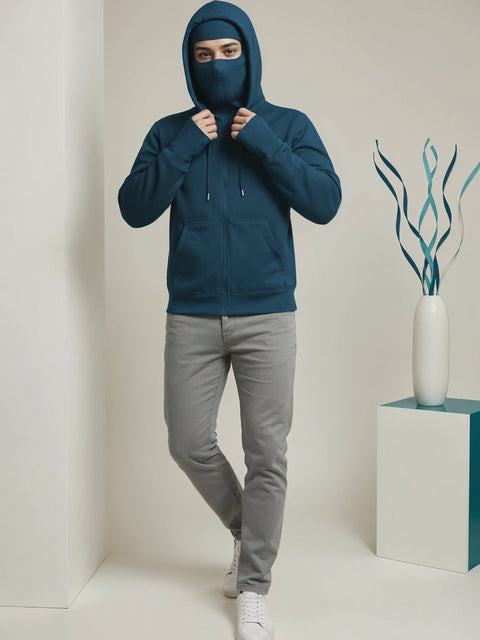 Adro Men Balaclava Hoodies | 320 GSM Soft Cotton Zipper Hoodie | Thumb-Hole Cuff Gloves | Travel Jacket with Hood | Winter Sweatshirt