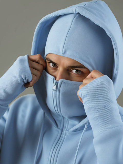 Adro Men Balaclava Hoodies | 320 GSM Soft Cotton Zipper Hoodie | Thumb-Hole Cuff Gloves | Travel Jacket with Hood | Winter Sweatshirt