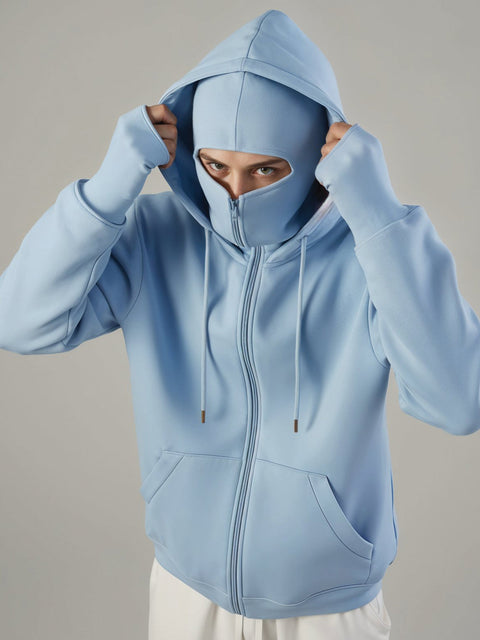 Adro Men Balaclava Hoodies | 320 GSM Soft Cotton Zipper Hoodie | Thumb-Hole Cuff Gloves | Travel Jacket with Hood | Winter Sweatshirt