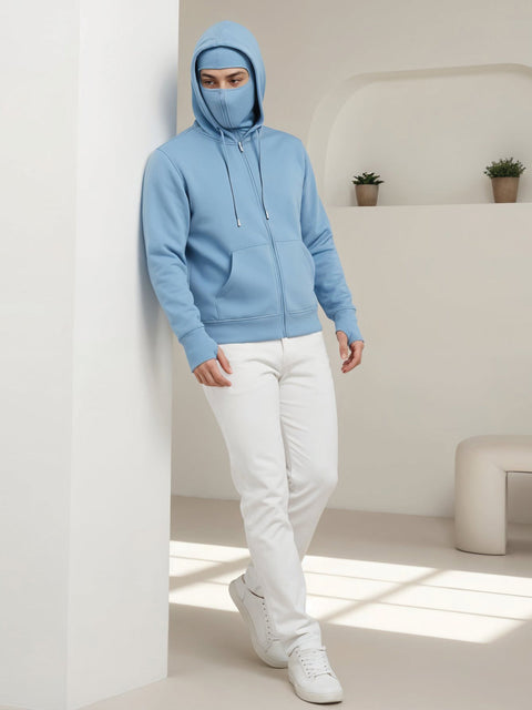 Adro Men Balaclava Hoodies | 320 GSM Soft Cotton Zipper Hoodie | Thumb-Hole Cuff Gloves | Travel Jacket with Hood | Winter Sweatshirt